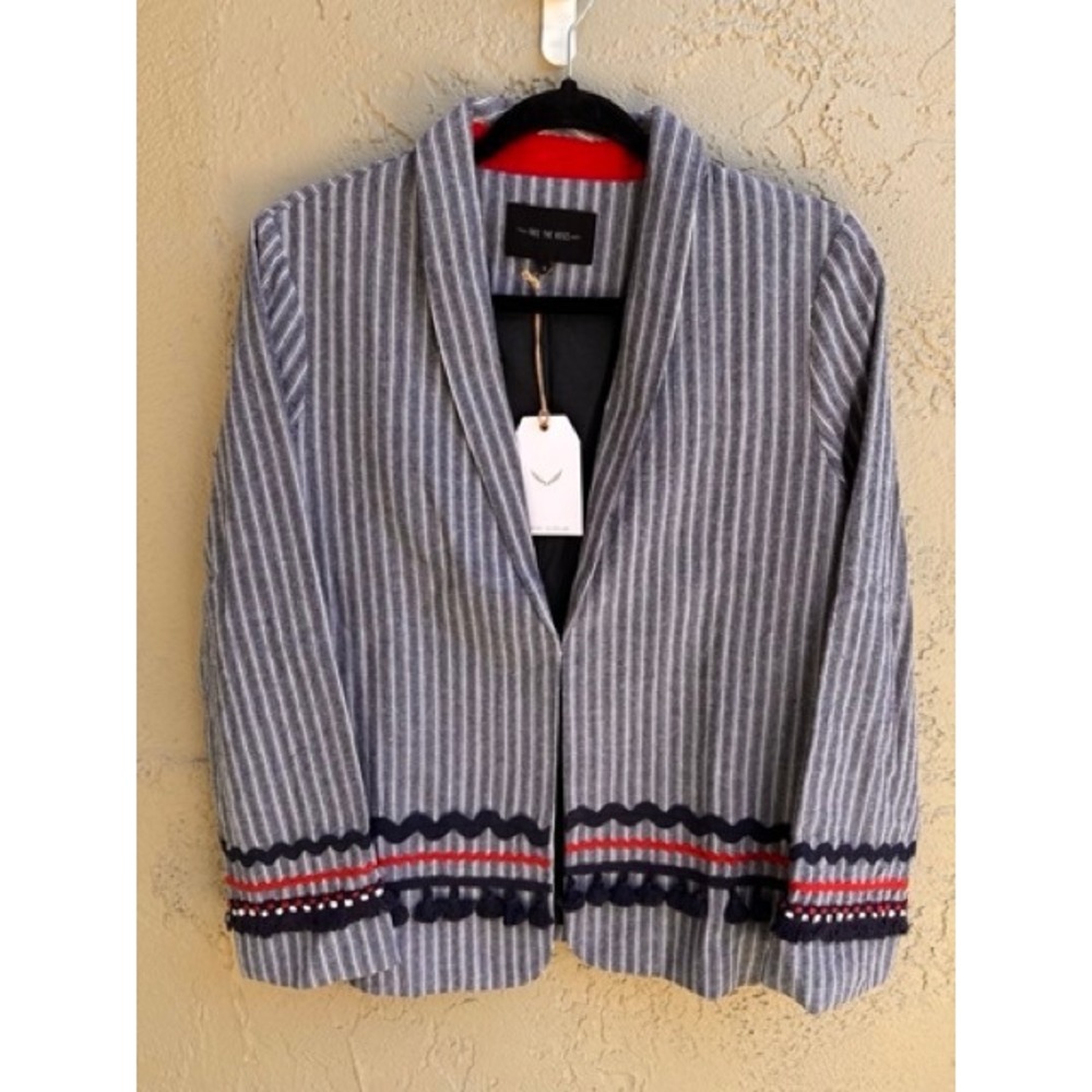 Free The Roses NEW Navy Blue White Striped Tassel Trim Blazer Jacket SMALL - Picture 2 of 9